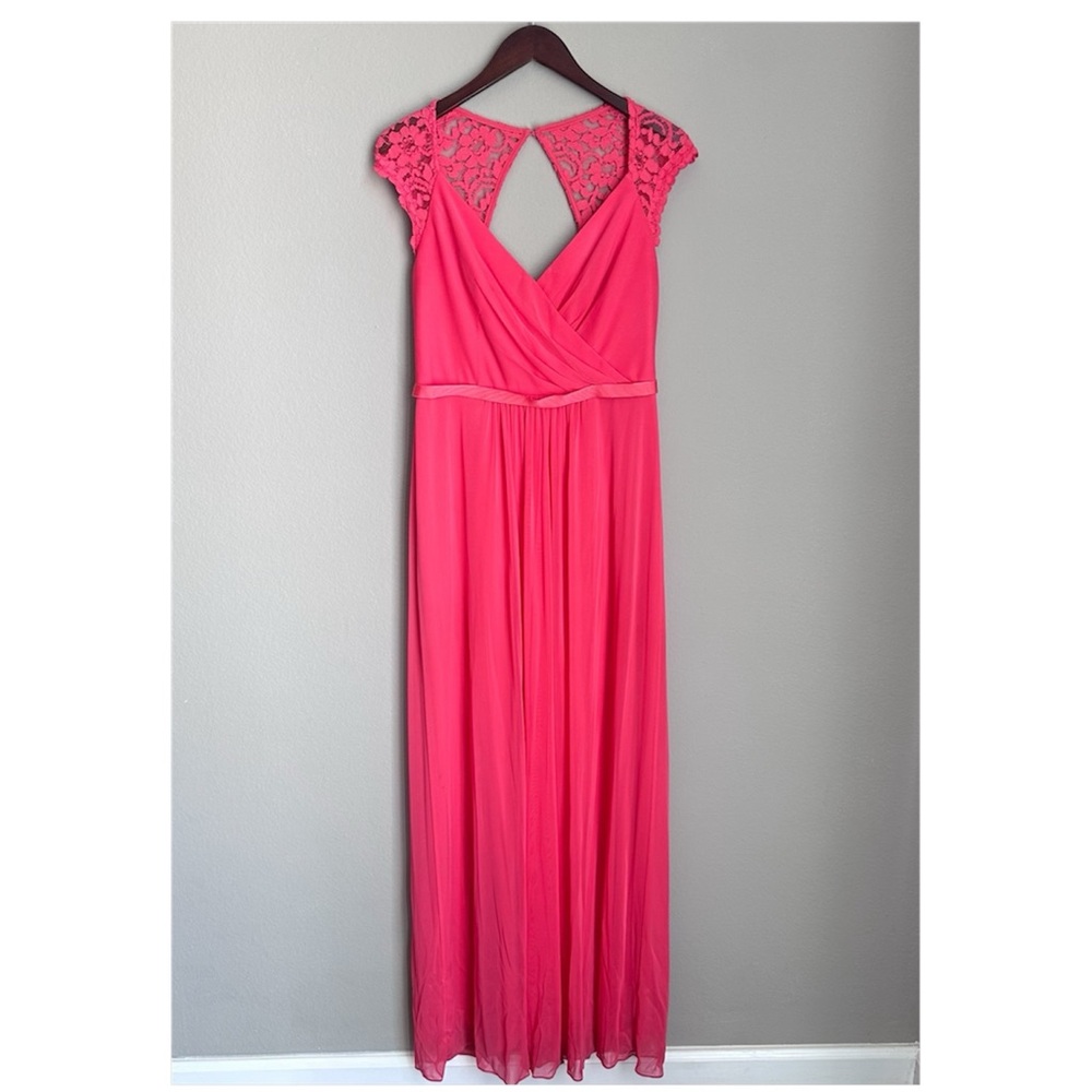 David's Bridal F19505 Guava Lace Cap Sleeve Chiffon Maxi Dress Bridesmaid Formal
